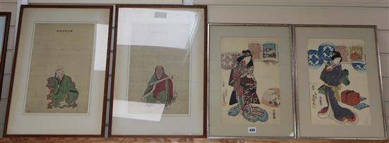 Two pairs of Japanese figurative prints, 38 x 24cm